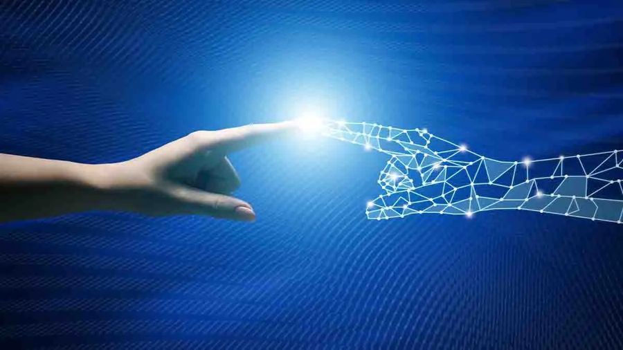 Illustration of a human hand reaching toward a digital hand